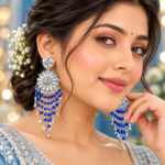 Silver-Tone Floral Chandelier Earrings with Blue Beads - Image 2