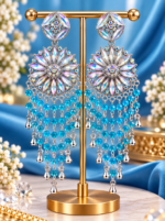 Silver-Tone Floral Chandelier Earrings with Blue Beads - Image 6