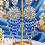 Silver-Tone Floral Chandelier Earrings with Blue Beads