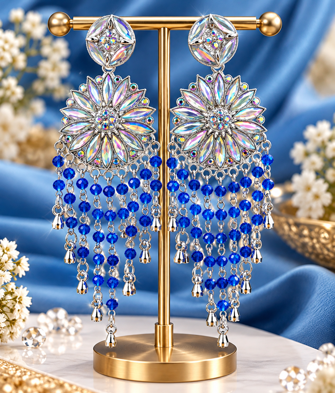 Iridescent Blue Chandelier Earrings Silver-Tone Floral Chandelier Earrings with Blue Beads - Image 1